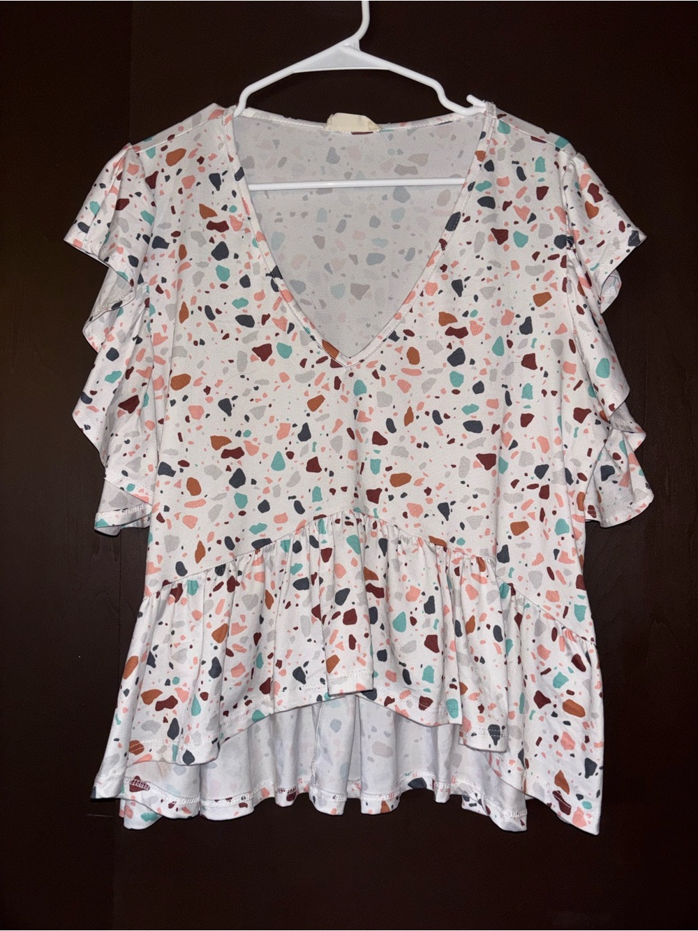 Altar'd State Cream V-Neck Peplum Top with Multicolor Terrazzo Spots